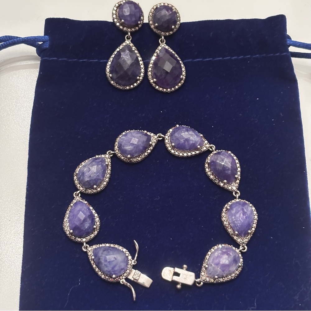 Sapphires and marcasites Silver Teardrop Bracelet and Earrings Set